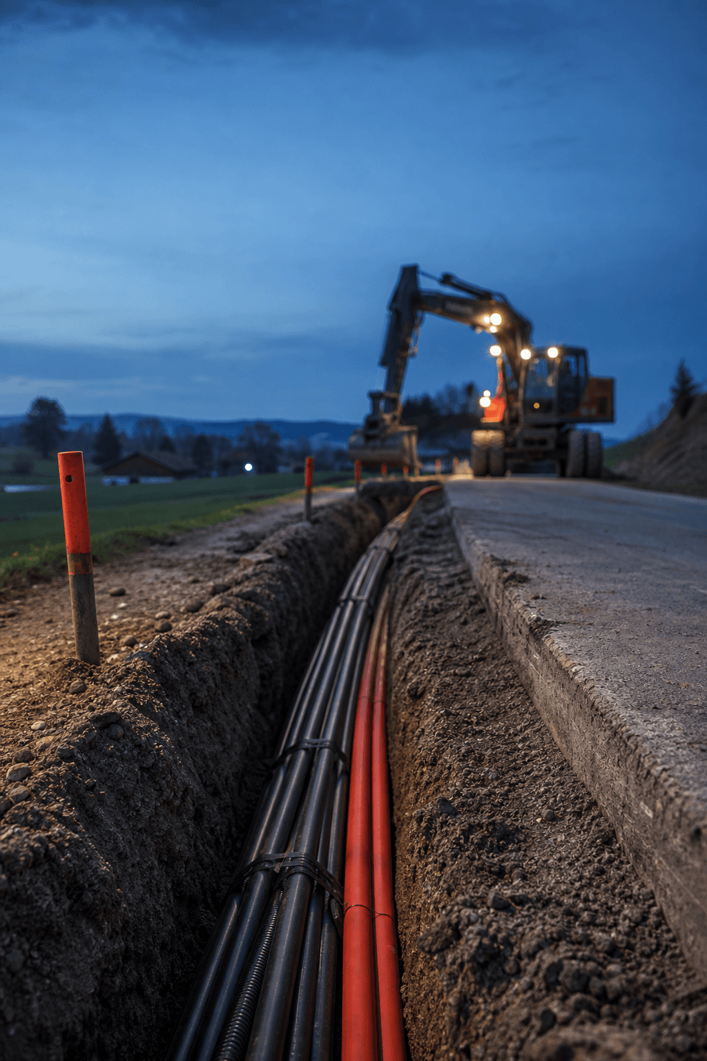 Kabelgraben mit Strom- und Glasfaserleitungen zur blauen Stunde, Bagger im Hintergrund
